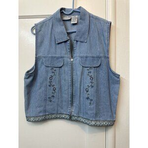 VTG New Look Denim Vest XL Embroidered Floral Zip‎ Front Sleeveless Cotton Blue